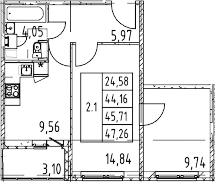 2-комнатная квартира 44.16 м², 1/12 эт., ЖК «Полис ЛАВрики»